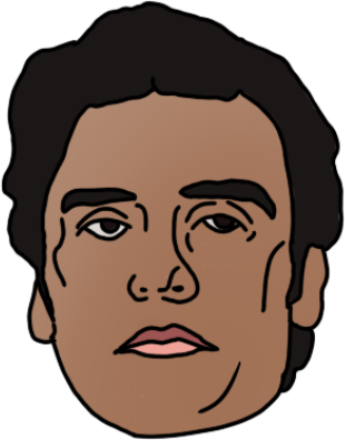 a drawing of the face of Poe Dameron from the Star Wars sequels, looking to the camera with a serious expression. He is a Latino man with short curly hair.